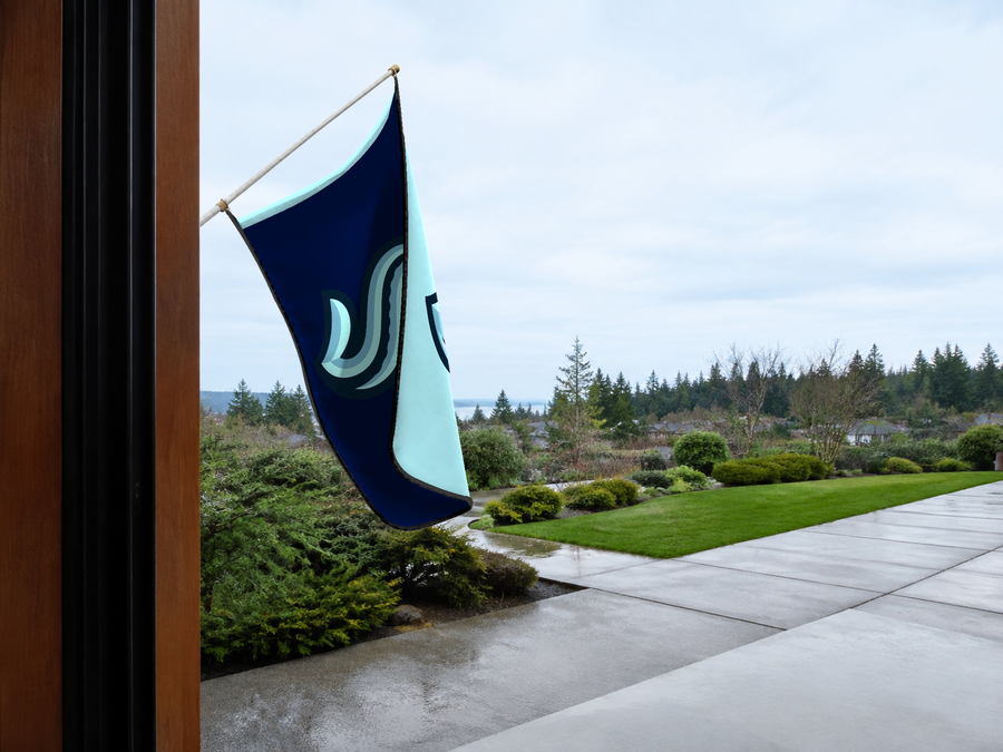Seattle Kraken Authentic Gameday Flag — approved one-scene environment view — EXO R89 — item_id=nhl-seattle-kraken — source_sha256=3636eccda84871be21e6b26b8a48a64f387be139656c69541cb902de239c05de
