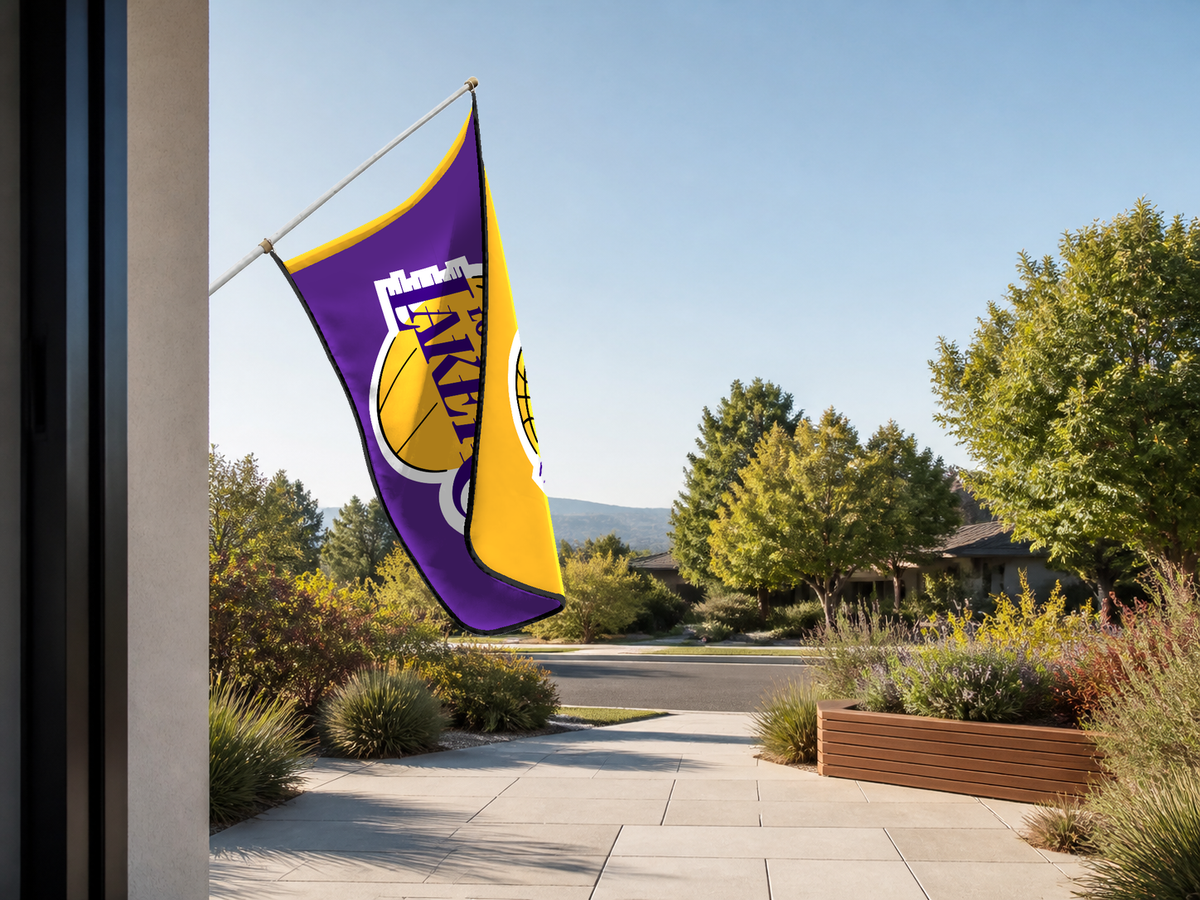 Los Angeles Lakers Authentic Gameday Flag — approved one-scene environment view — EXO R89 — item_id=nba-los-angeles-lakers — source_sha256=2a0cfade0c82bfd299b8ff633a3aadf9c6145f147283b69a16fc7bbc30562023