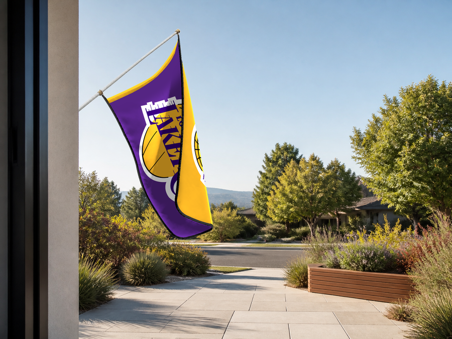 Los Angeles Lakers Authentic Gameday Flag — approved one-scene environment view — EXO R89 — item_id=nba-los-angeles-lakers — source_sha256=2a0cfade0c82bfd299b8ff633a3aadf9c6145f147283b69a16fc7bbc30562023
