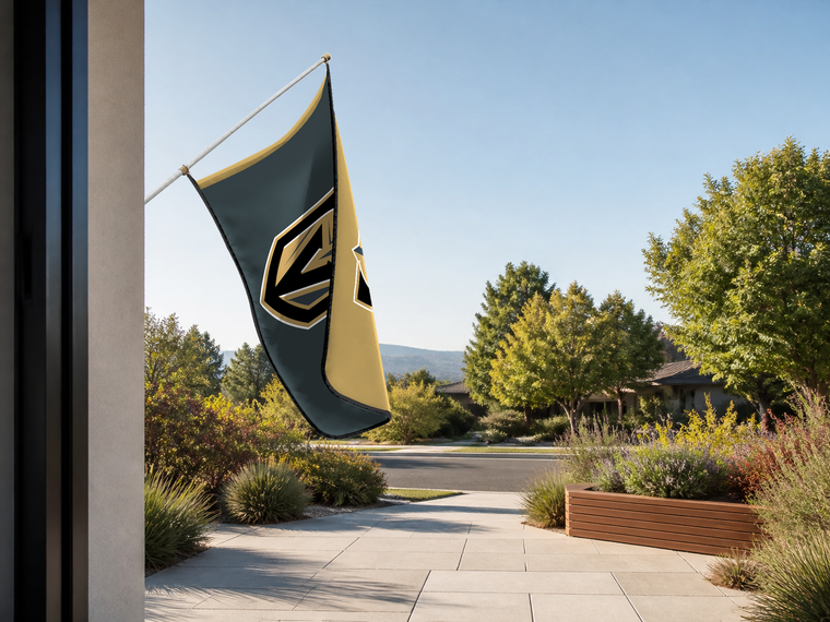 Vegas Golden Knights Authentic Gameday Flag — approved one-scene environment view — EXO R89 — item_id=nhl-vegas-golden-knights — source_sha256=4d9da928ca93043532d16098ae646f878daa650253423aaae1d15be7990bffaf