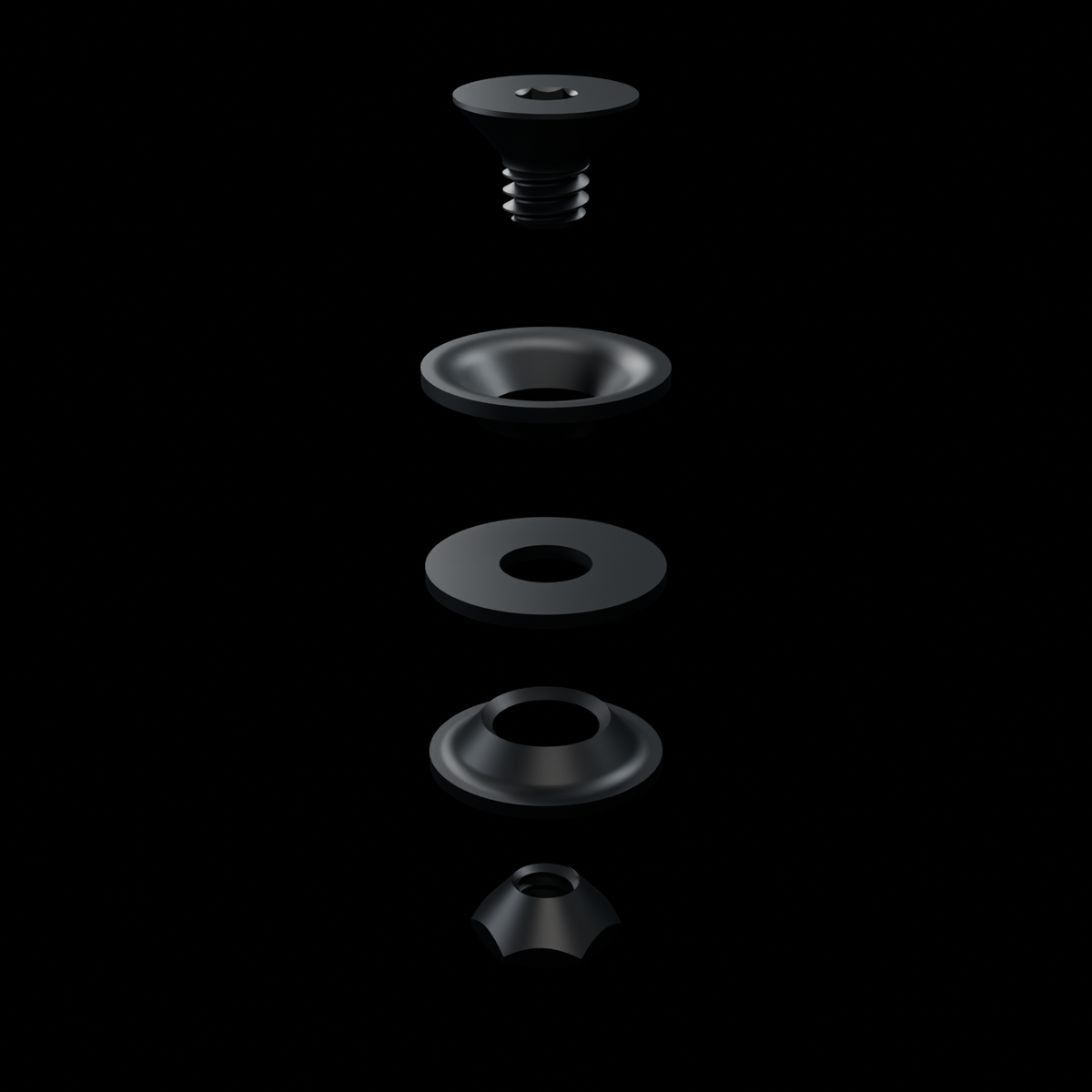RolyPulley Swivel Kit - Black oxide - one-kit exploded hardware stack - R02 finish-controlled