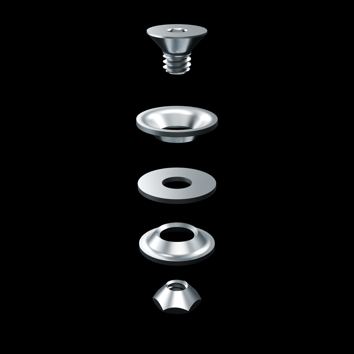 RolyPulley Swivel Kit - Raw stainless - one-kit exploded hardware stack - R02 finish-controlled