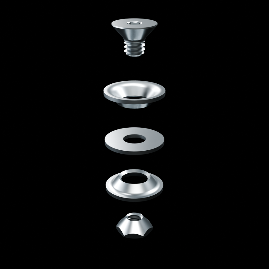 RolyPulley Swivel Kit - Raw stainless - one-kit exploded hardware stack - R02 finish-controlled