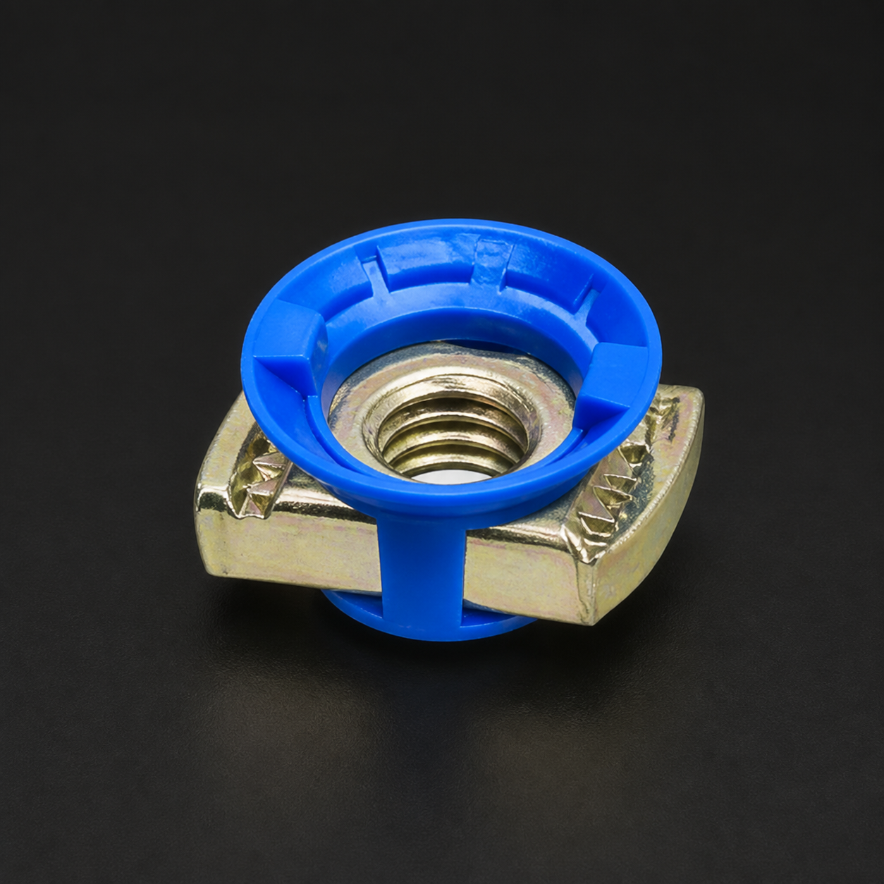 EXOSTRUT standard strut nut / 3/8-16 / Nylon cone / 5-pack / GoldGalv steel + blue nylon / Superstrut ZCM1003/8-10 supplier-family reference presentation