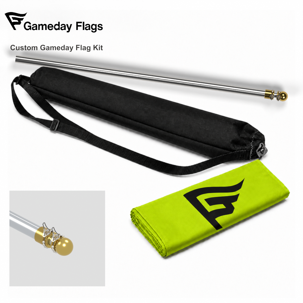 Custom Gameday Flag kit with signal-chartreuse folded brand flag, black carry bag, collapsed MVP pole, and topper hardware detail.