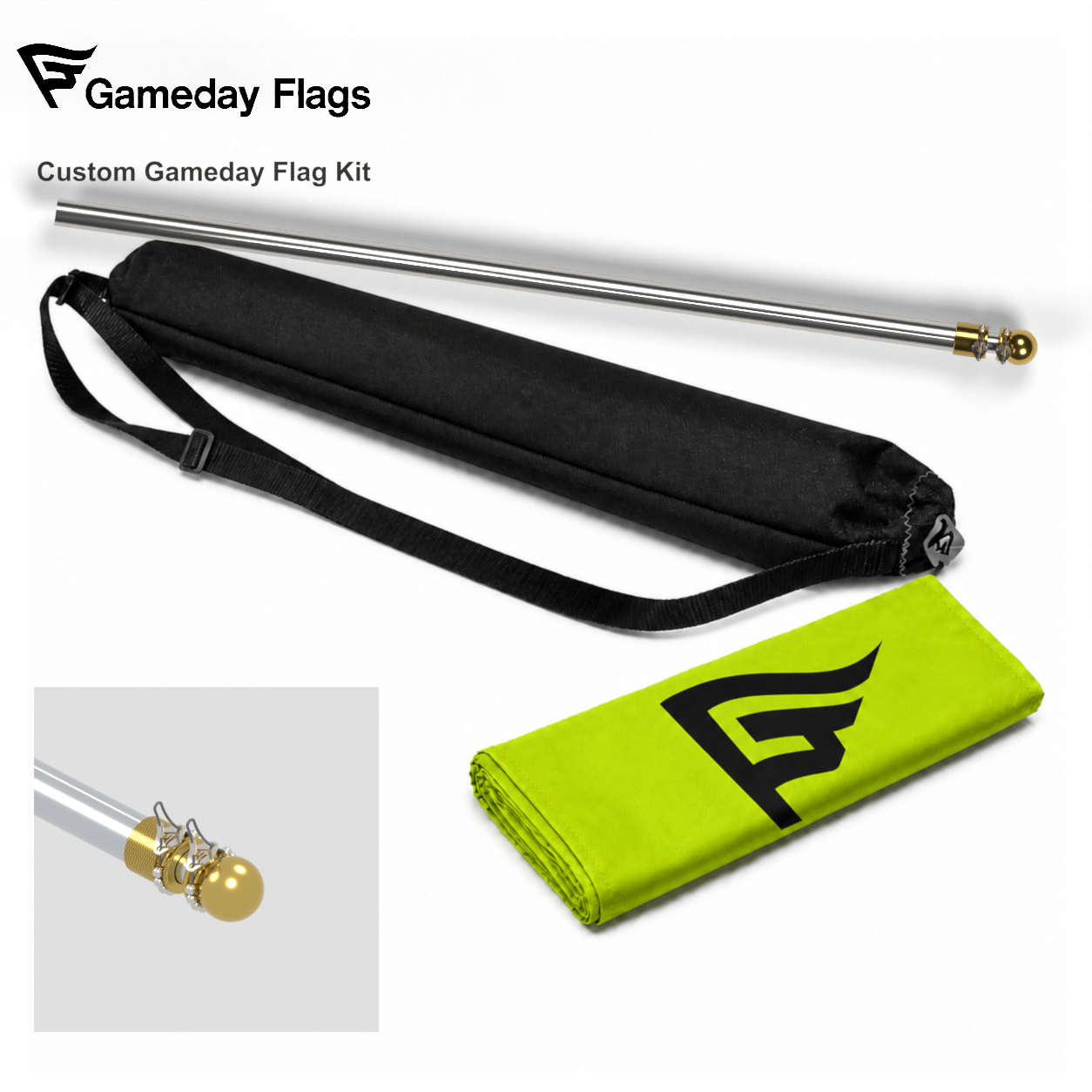 Custom Gameday Flag kit with signal-chartreuse folded brand flag, black carry bag, collapsed MVP pole, and topper hardware detail.