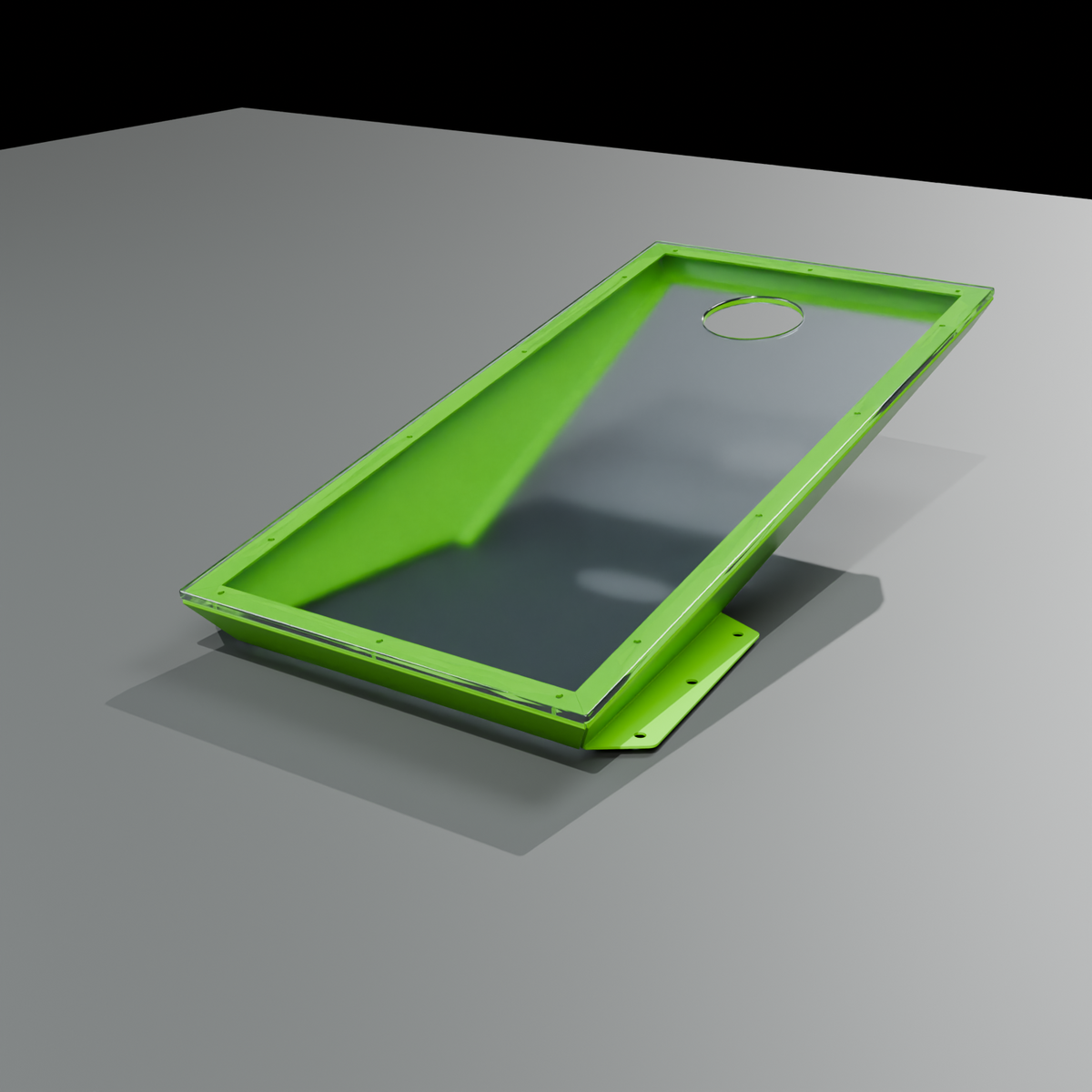 GFPC Park Cornhole / custom chartreuse powdercoat example on metal frame / clear unbranded polycarbonate playing surface