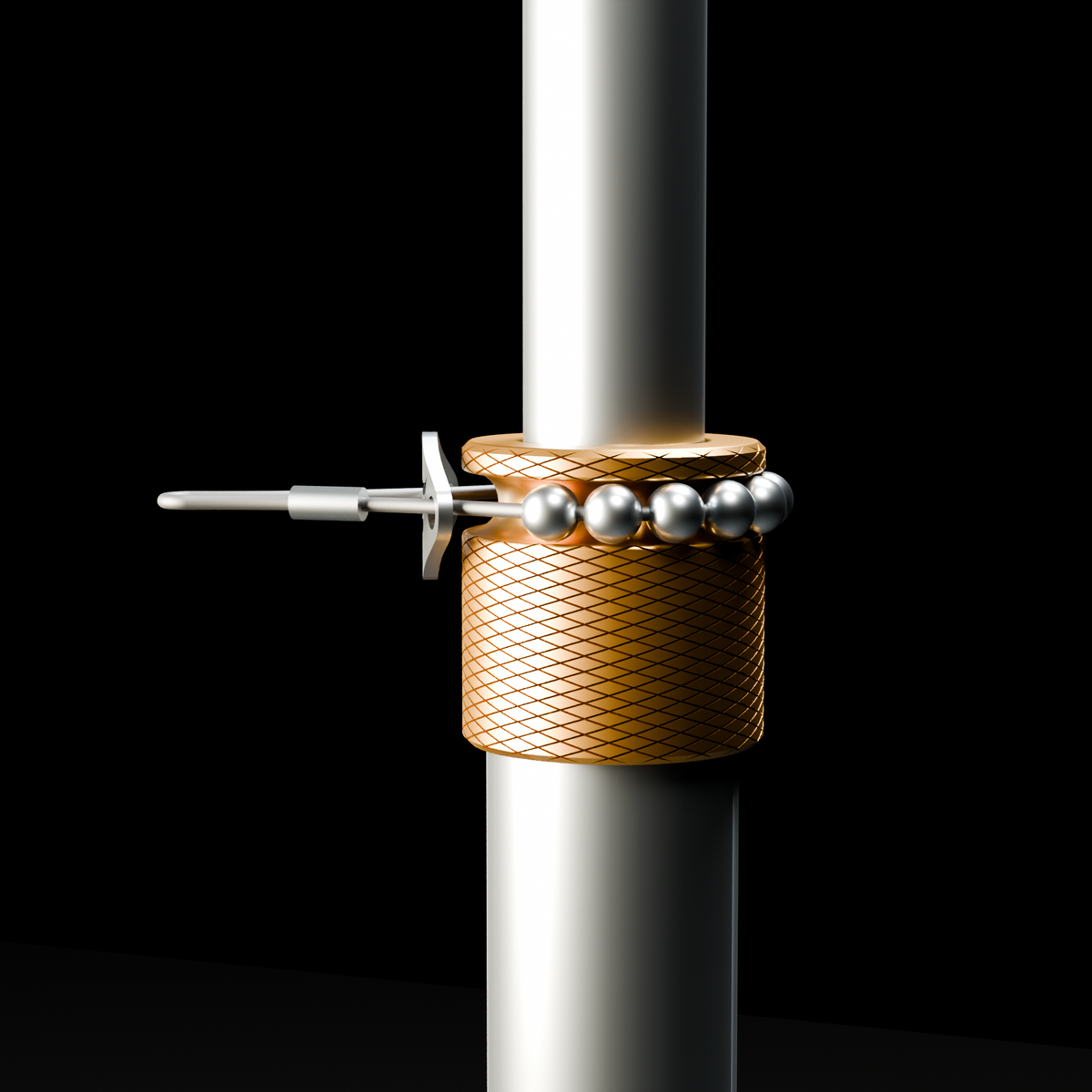 Gameday MVP hardware / R02 / knurled brass compression fitting / black cable / stainless release knob / lower cable-bearing spinner detail