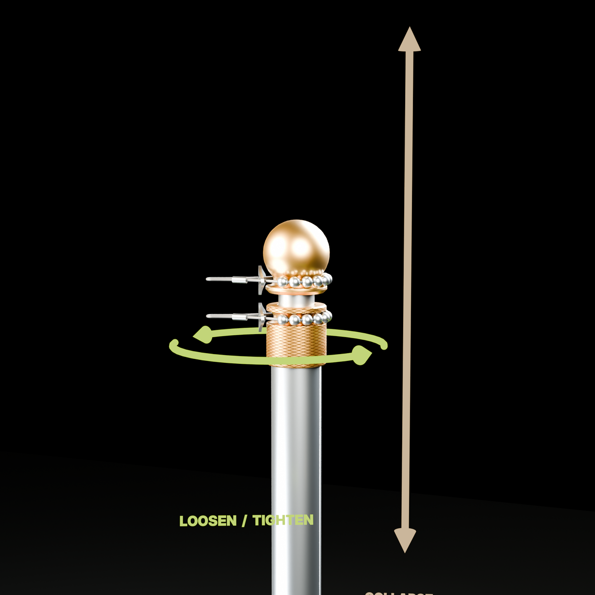 Gameday MVP hardware / R02 / isometric operating diagram / twist compression fitting to loosen or tighten / extend or collapse telescoping pole
