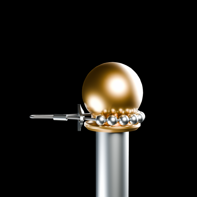 Gameday MVP hardware / R02 / brass ball and threaded finial body / black cable / stainless release knob / upper cable-bearing spinner detail