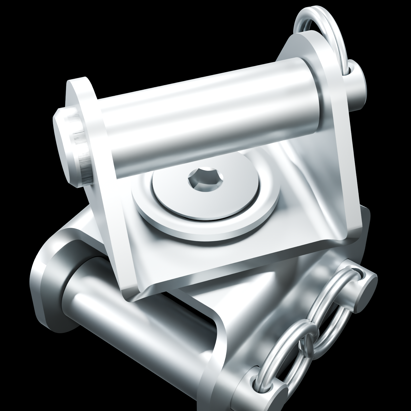 Close detail of the RolyPulley Swivel Kit low-profile bolt, FlushWashers, flat washer and FlushNut stack