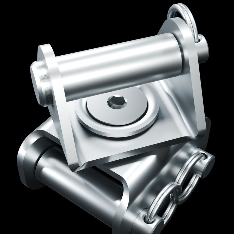 Close view of the RolyPulley Swivel Kit bolt, two FlushWashers, flat washer and FlushNut