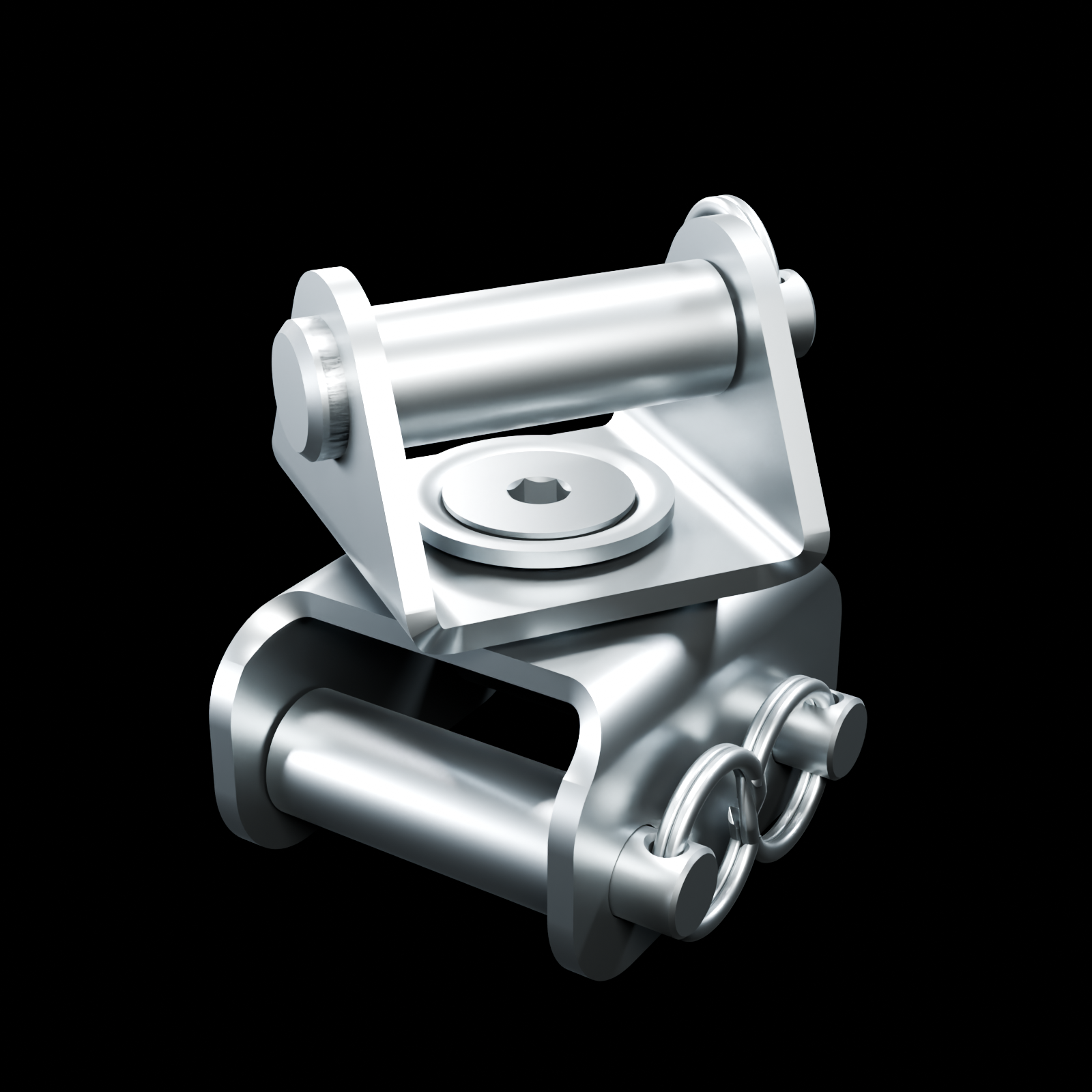 RolyPulley Swivel Kit installed between back-to-back RPD and RPS pulley bodies at a 90-degree routing angle