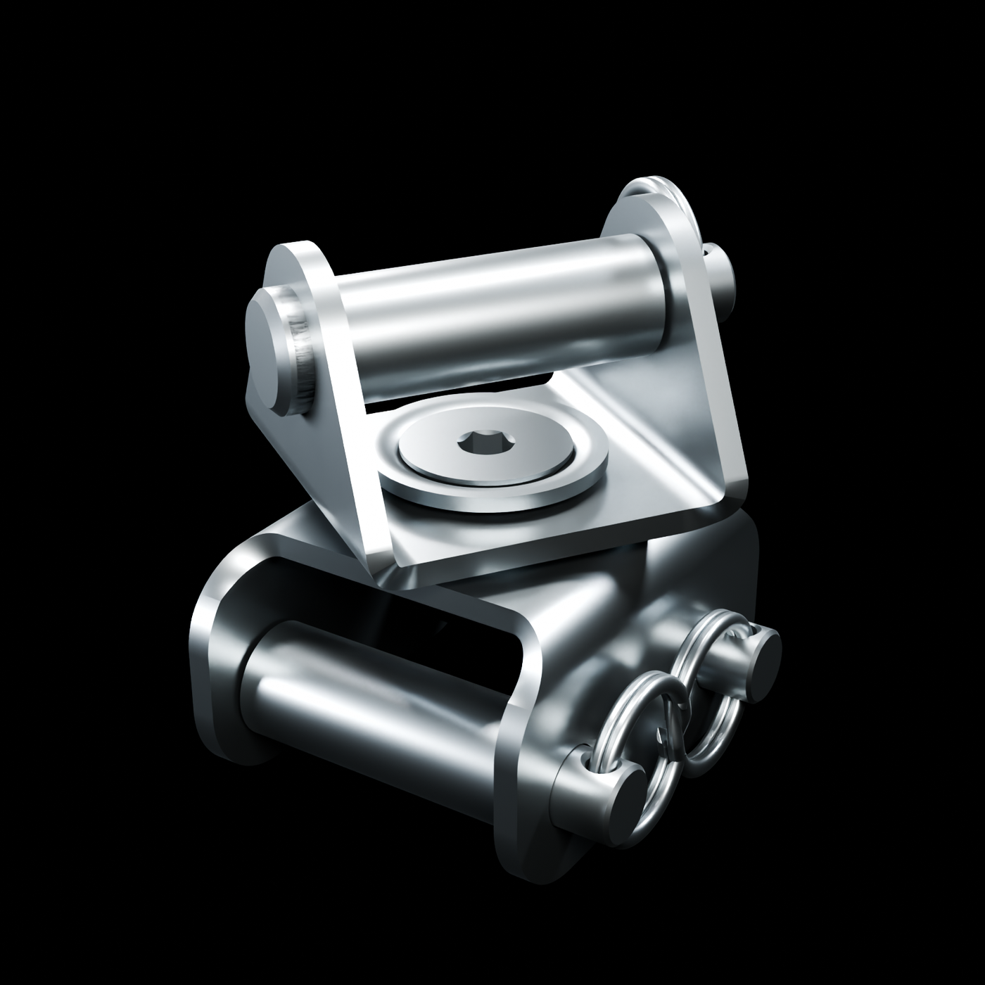 Raw stainless RolyPulley Swivel Kit connecting two pulley bodies for an adjustable strap path