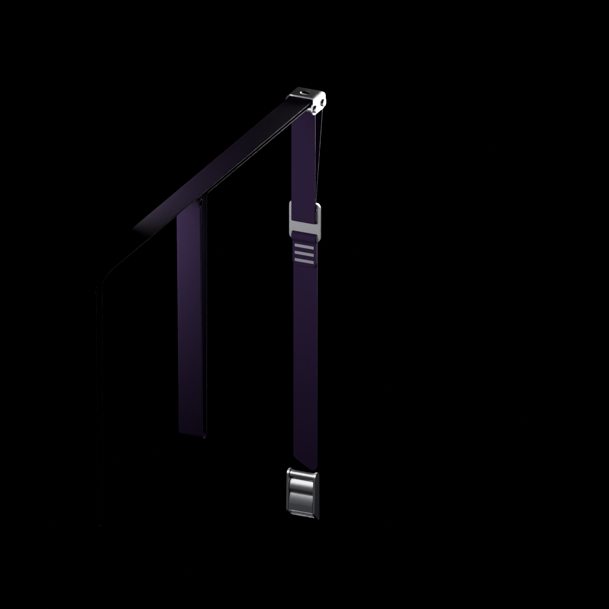 A minimalist black metal wall-mounted bracket with two dark purple vertical straps and silver metal hardware, shown against a solid black background.