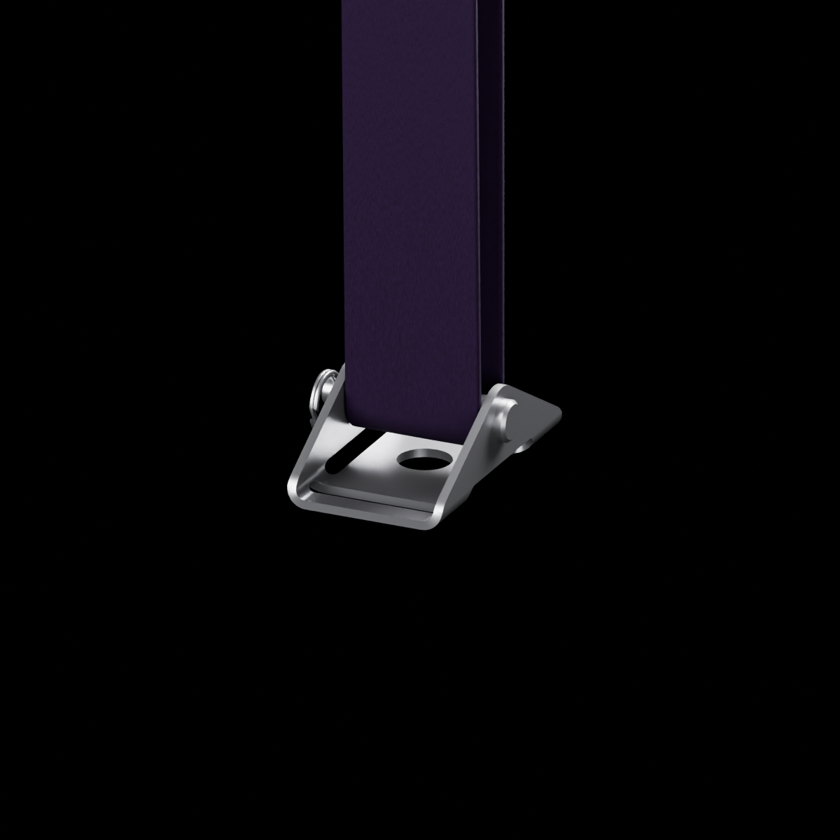 A close-up of a dark purple vertical strap attached to a stainless steel rolypulley equip, shown against a solid black background.