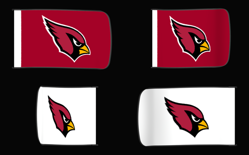 Arizona Cardinals Authentic Gameday Flag — clean four-view front design, front flying, back flying, and back design proof — source_sha256=c8e6b756a9d6cef636cc047dc53ce2457c3676c1b8566aed17df0a6f52ae4ca2
