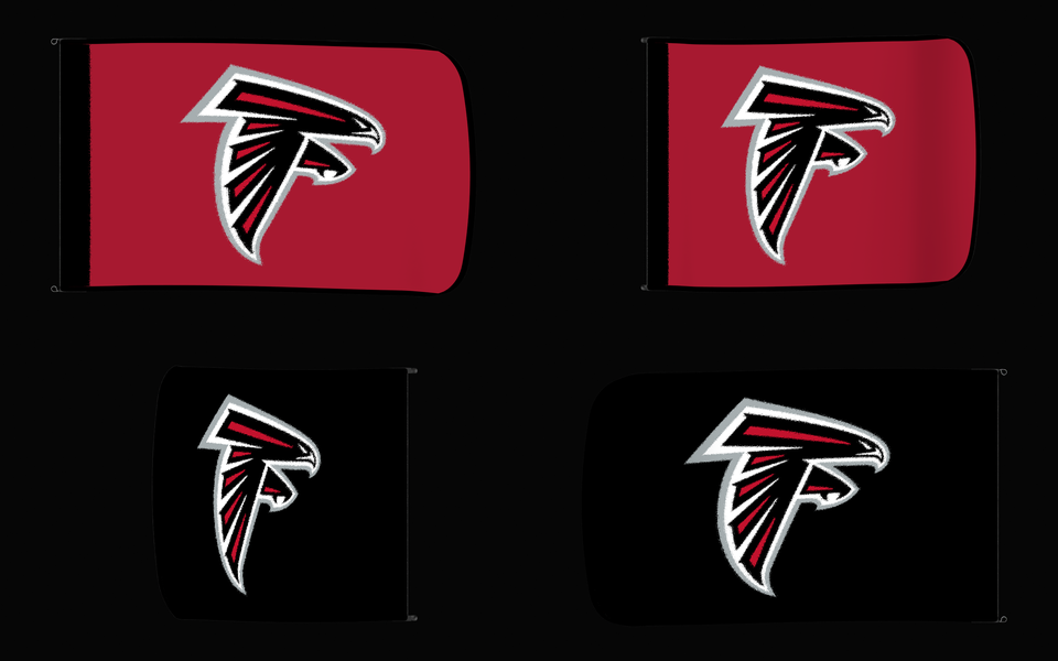 Atlanta Falcons Authentic Gameday Flag — clean four-view front design, front flying, back flying, and back design proof — source_sha256=4abe15815630e7d1bab800e4bfb4e838d5c3dcfae4bb42300b6676cc31fc324a