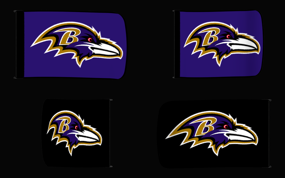 Baltimore Ravens Authentic Gameday Flag — clean four-view front design, front flying, back flying, and back design proof — source_sha256=fb5e868097991c272115de9d050bb3b9e7153181a305f20ce1cf58af7557e1cd