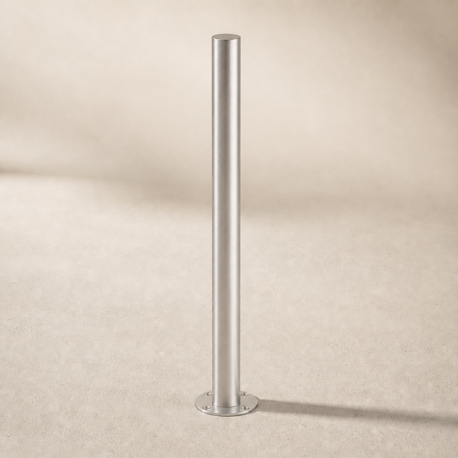 Boll-In surface-mounted stainless steel architectural bollard with round stainless base plate
