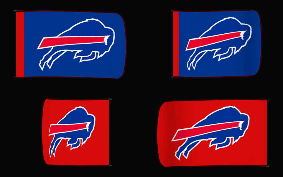 Buffalo Bills Authentic Gameday Flag — clean four-view front design, front flying, back flying, and back design proof — source_sha256=c981bcc67247702ab622141e4f02a0bcab0876f08e632e082cc34f4f61178f59