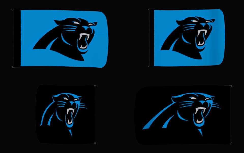Carolina Panthers Authentic Gameday Flag — clean four-view front design, front flying, back flying, and back design proof — source_sha256=f1b316cda6ac5669b5a0a03416a73e0bf11d774ed538107767caabaaa7670912