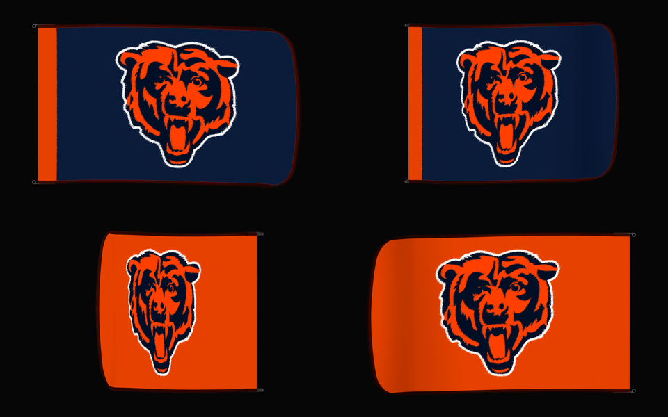 Chicago Bears Authentic Gameday Flag — clean four-view front design, front flying, back flying, and back design proof — source_sha256=a44c5335173111b2fcc16b1db13be5e4a7aa6837f9fcfe40d37ab859a6554bac
