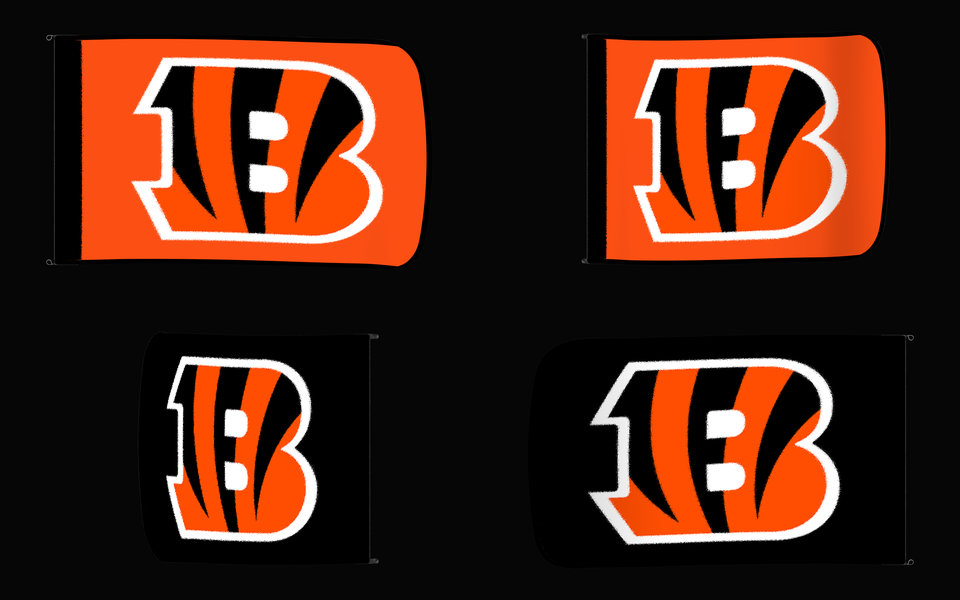 Cincinnati Bengals Authentic Gameday Flag — clean four-view front design, front flying, back flying, and back design proof — source_sha256=f7a28971c72864cb4dd4e96b329f9eb8b89fad8c919fd9a8a521f0dbe4c93e77