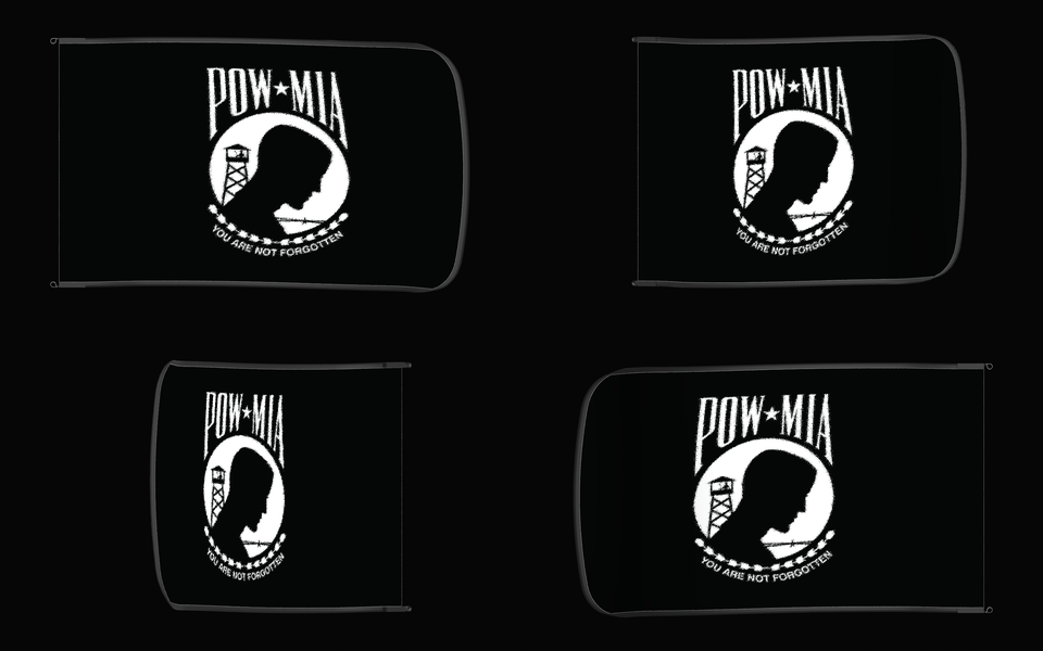 POW/MIA Flag — supplier proof Authentic Gameday Flag — clean four-view front design, front flying, back flying, and back design proof — source_sha256=02fa33a4030ff44bc7557a0b4ba43aeea34dcec75c538169fc070d72e6d11729