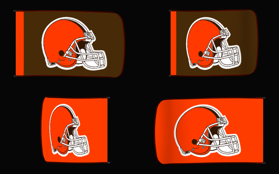 Cleveland Browns Authentic Gameday Flag — clean four-view front design, front flying, back flying, and back design proof — source_sha256=27fd9f73248cb3d79cc6551f6ba148dccc563d0db72921b503329cd299f7e67d