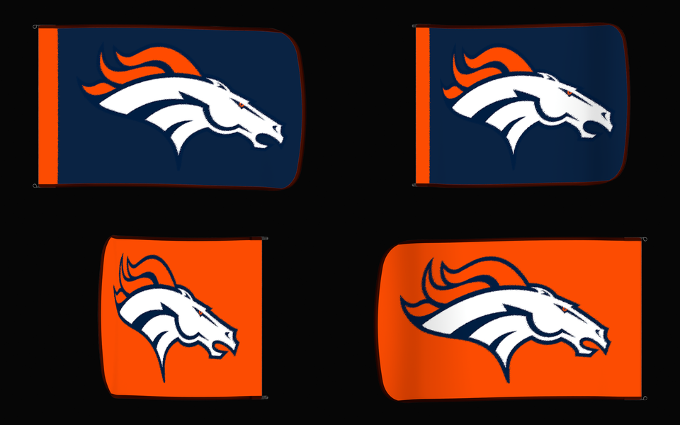 Denver Broncos Authentic Gameday Flag — clean four-view front design, front flying, back flying, and back design proof — source_sha256=62f05c506fa7027a5660bf7232649fb706eb8e849f02457a177368d61f80ce29