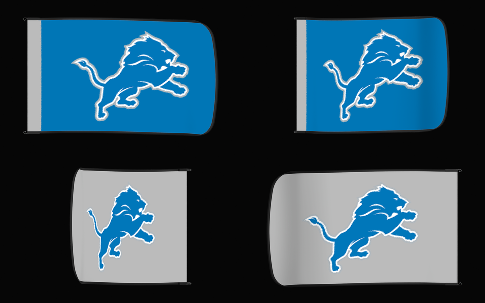 Detroit Lions Authentic Gameday Flag — clean four-view front design, front flying, back flying, and back design proof — source_sha256=65aaecfd946f3fe70d3778ec75afe8d92998e83e94b8f9d5d84d32afaaf3f844