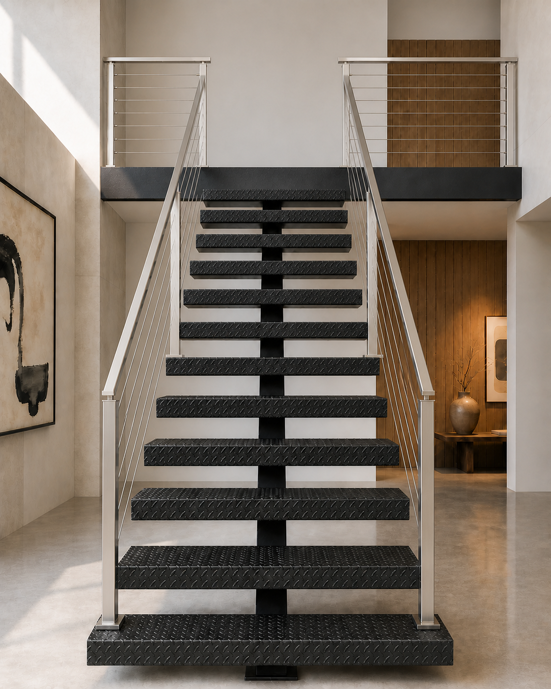 Front architectural view of a compact black DiaTread MONO staircase with formed diamond-plate treads and satin stainless cable railing.