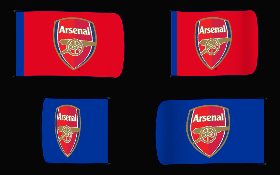 Arsenal Authentic Gameday Flag — clean four-view front design, front flying, back flying, and back design proof — source_sha256=03aa5c8086164795f70c91ed083adf3e7ec64c053816983555e1a555077606dd