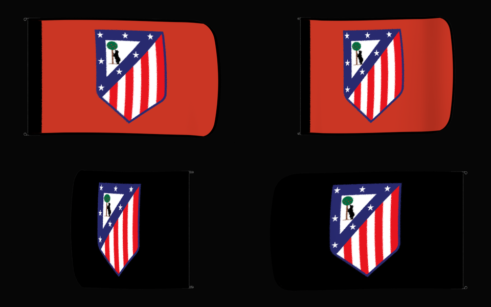 Atlético Madrid Authentic Gameday Flag — clean four-view front design, front flying, back flying, and back design proof — source_sha256=87204010beec401364a8f6609632923142e5761edaef45c5223a7f23fd8964c6