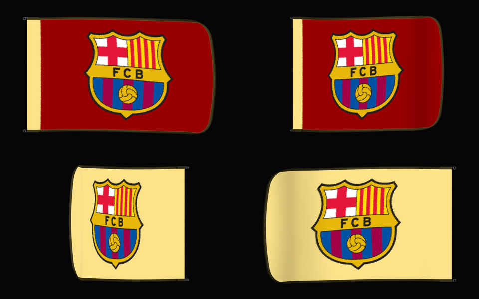 Barcelona Authentic Gameday Flag — clean four-view front design, front flying, back flying, and back design proof — source_sha256=36e1fee5aae5f011886c13ce54fc5de8be0ae7c1d208f461170dd16a0b6d6dcf
