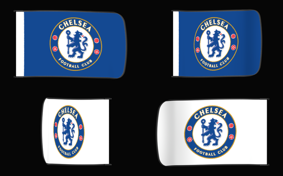 Chelsea Authentic Gameday Flag — clean four-view front design, front flying, back flying, and back design proof — source_sha256=dafeb65af55fab5bad4c8e02cb28d60f5e810c26399d68f6d95a9c8f1aee64d5