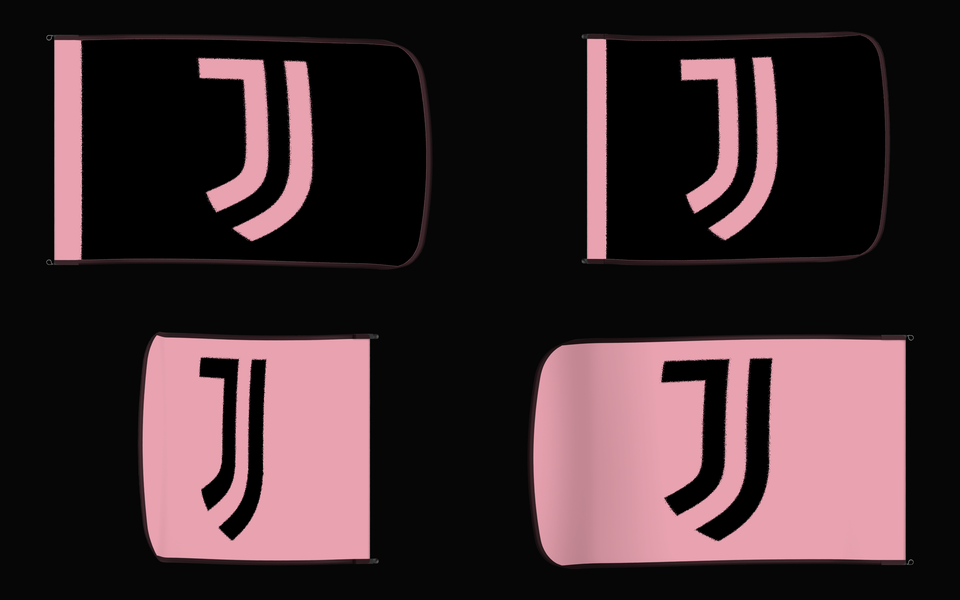 Juventus Authentic Gameday Flag — clean four-view front design, front flying, back flying, and back design proof — source_sha256=8c79c4a591e88f70a0ec951eaa3715a41c2e8e891c73ab81ea4adcac3053950e
