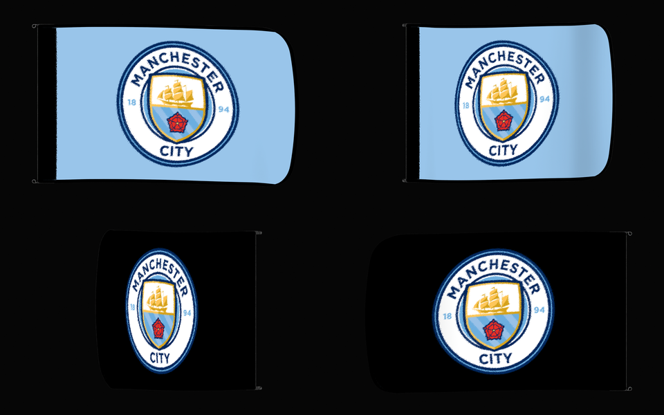 Manchester City Authentic Gameday Flag — clean four-view front design, front flying, back flying, and back design proof — source_sha256=1761925e18ff4af579022361ed7e69887d2f32f65321f604bdffade0e305cf75