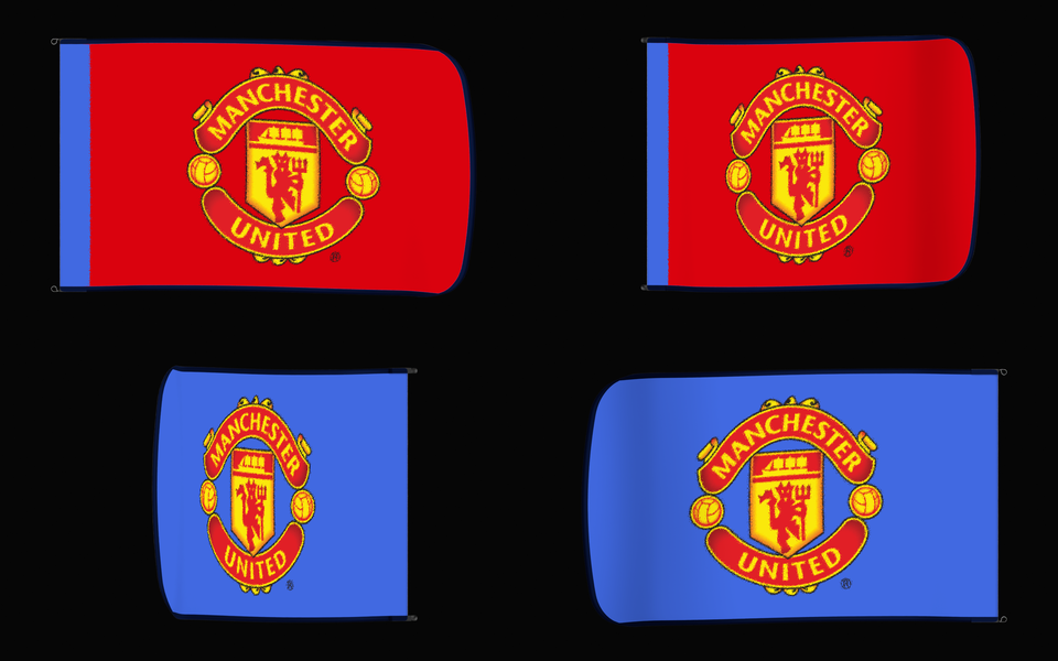 Manchester United Authentic Gameday Flag — clean four-view front design, front flying, back flying, and back design proof — source_sha256=962c11405bc0538fec51555ed2a6ada17de212f6f5c09d6e777413512c7804a8