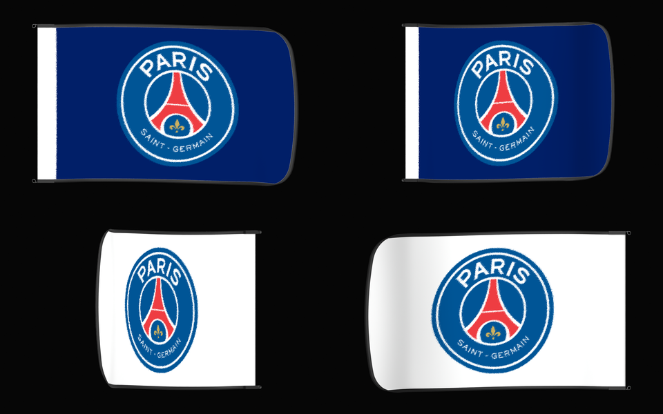 Paris Saint-Germain Authentic Gameday Flag — clean four-view front design, front flying, back flying, and back design proof — source_sha256=578125a79e05f8b2a5903170674fd9fc360b950adefffb7b777c8c54d3079d83