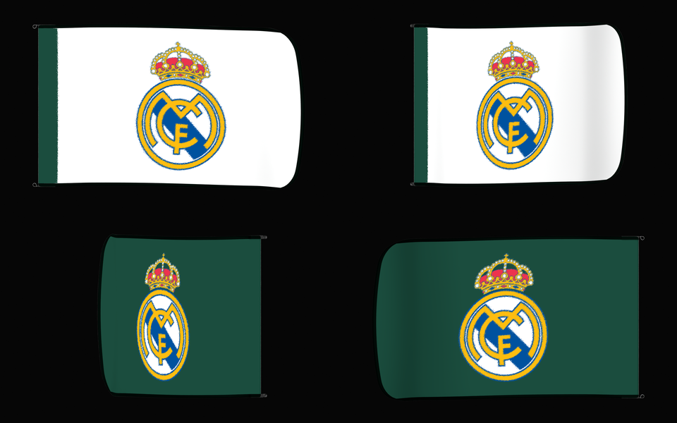 Real Madrid Authentic Gameday Flag — clean four-view front design, front flying, back flying, and back design proof — source_sha256=d33633afe2f71f8215c9a953c0dfe61b72d155521183f8a7565d5f772d2eae33
