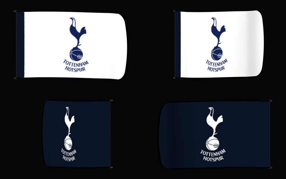 Tottenham Hotspur Authentic Gameday Flag — clean four-view front design, front flying, back flying, and back design proof — source_sha256=a34f45ada8a445f6656ca222b2c61bd2233b561a76094917c6482cf4cef565d4