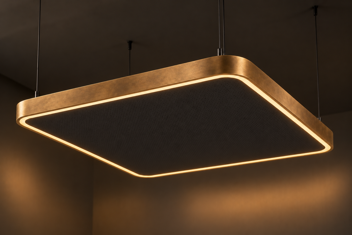EXO custom metal acoustic light canopy shown in D/A satin brass with rounded corners, black acoustic panel and illuminated perimeter lens