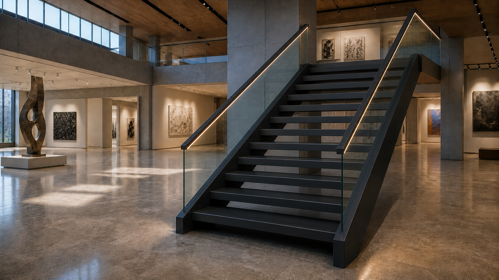 Concept visualization of a DiaTread Double stair system in an architectural setting.