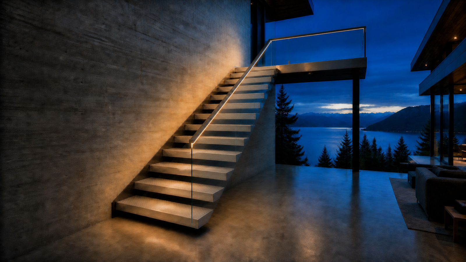 Concept visualization of a DiaTread Embed stair system in an architectural setting.