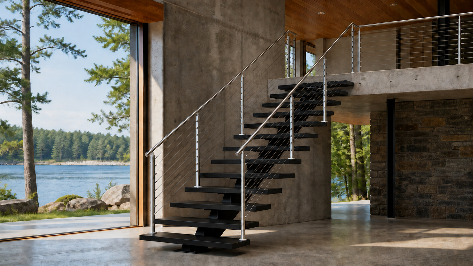 Architectural visualization of a compact black DiaTread MONO staircase with formed diamond-plate treads and satin stainless round-post cable railing.