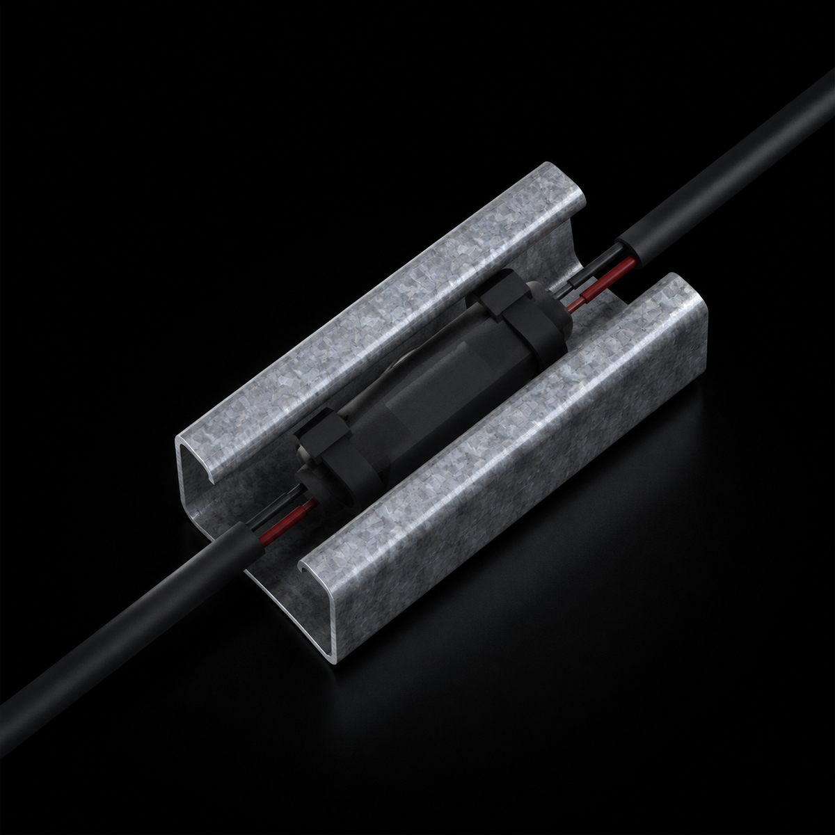 EXOSTRUT MAG WIRE SPLICE KIT / galvanized channel and protected magnetic splice / EXO reference rendering / revision 1