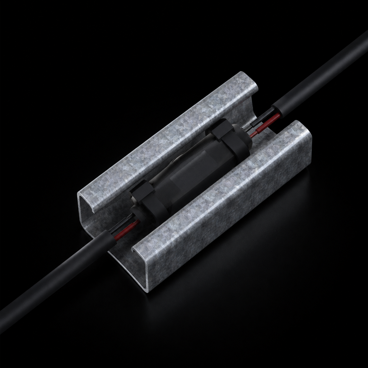 EXOSTRUT MAG WIRE SPLICE KIT / galvanized channel and protected magnetic splice / EXO reference rendering / revision 1