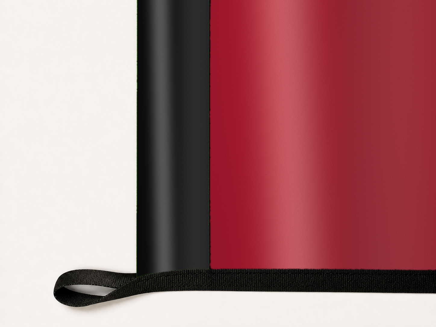 Atlanta Falcons Authentic Gameday Flag underside and personalization construction view — continuous restrained woven-satin Atlanta Falcons Accent header, textured Atlanta Falcons Primary face, lower black loop and perimeter webbing — source_sha256=f61b54bda16f7de794c34d4ee838287bbfa3d90f5a2655eb3983d21a9e6d2e5d